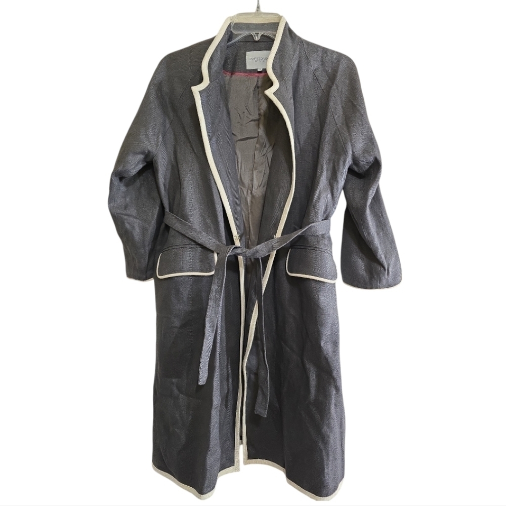 Emerson Fry Gray Wrap Jacket White Trim Belt Small 100% Linen Twill Layer Topper